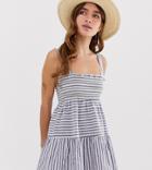 Asos Design Petite Shirred Trapeze Mini Cotton Sundress In Stripe - Multi