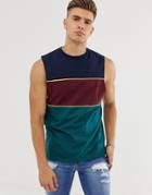 Asos Design Relaxed Sleeveless T-shirt With Dropped Armhole And Color Block-navy