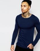 Asos Extreme Muscle Long Sleeve T-shirt With Boat Neck In Navy - Navy