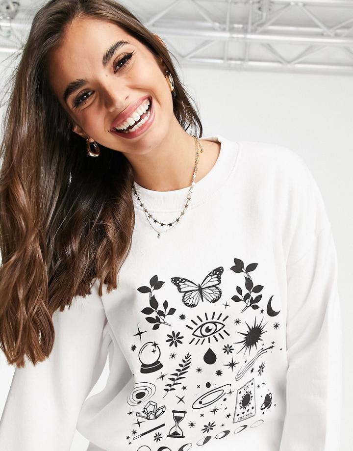 Daisy Street Relaxed Sweatshirt With Astrology Print-white