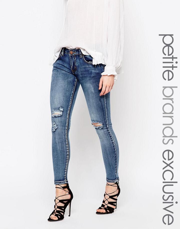 Liquor & Poker Petite Low Rise Knee Rip Detail Super Skinny Jean - Blue