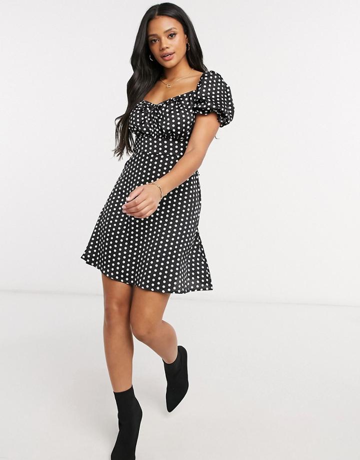 Naanaa Polka Dot Puff Sleeve Satin Dress In Black