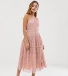 Asos Design Petite Lace Midi Dress With Pinny Bodice-pink
