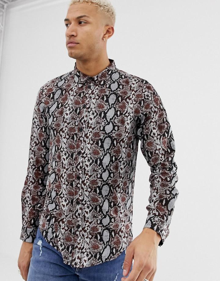Another Influence Snake Print Long Sleeve Shirt - Brown