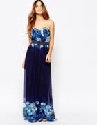 Little Mistress Maxi Dress In Ombre Floral With Embellished Waist - Navy