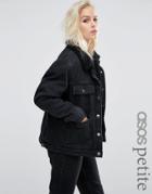 Asos Petite Denim Borg Jacket In Onyx Washed Black With Pockets - Black