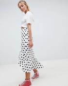 Asos Design Midi Skirt With Ruffle Detail In Polka Dot Print - Multi