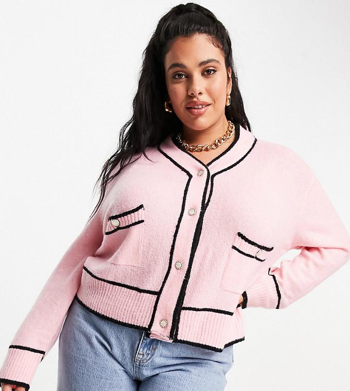 Neon Rose Plus Oversized Cardigan With Ornate Buttons In Pastel Knit-pink
