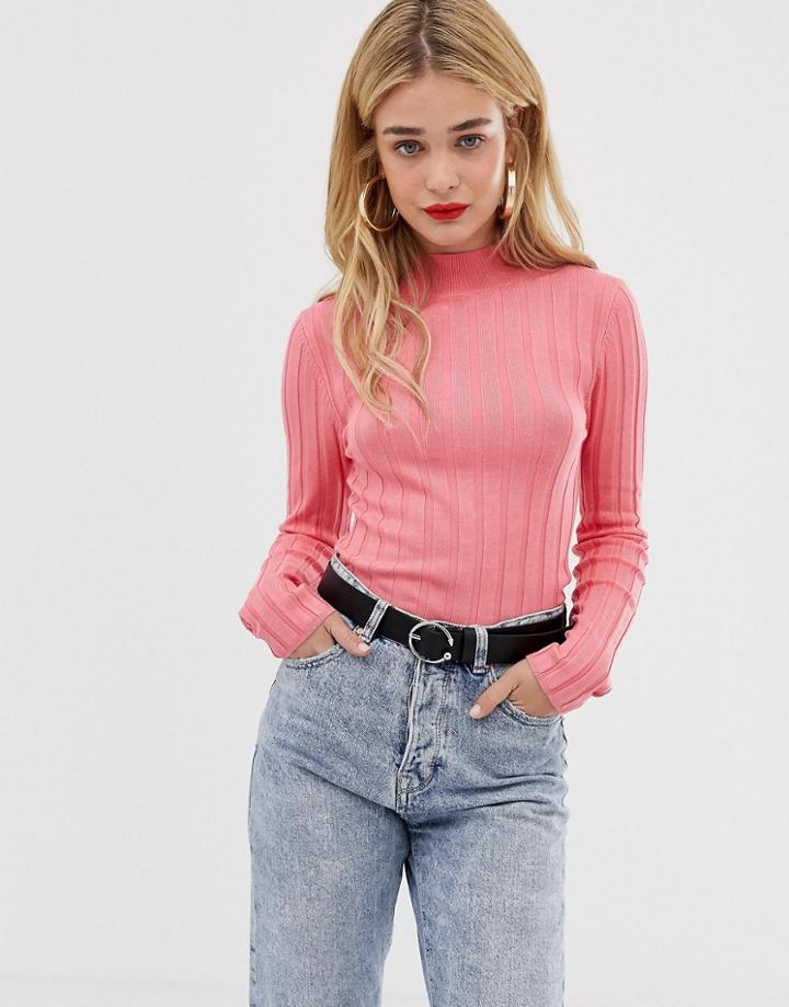 Stradivarius Ribbed Sweater In Neon Pink - Pink