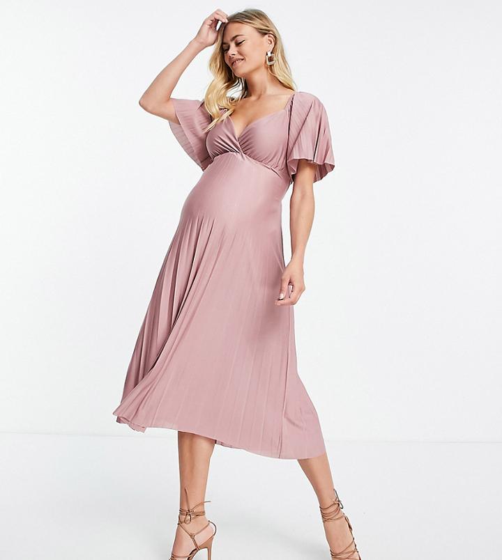 Asos Design Maternity Pleated Twist Back Cap Sleeve Midi Dress In Rose-pink