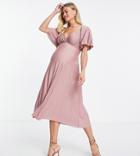 Asos Design Maternity Pleated Twist Back Cap Sleeve Midi Dress In Rose-pink