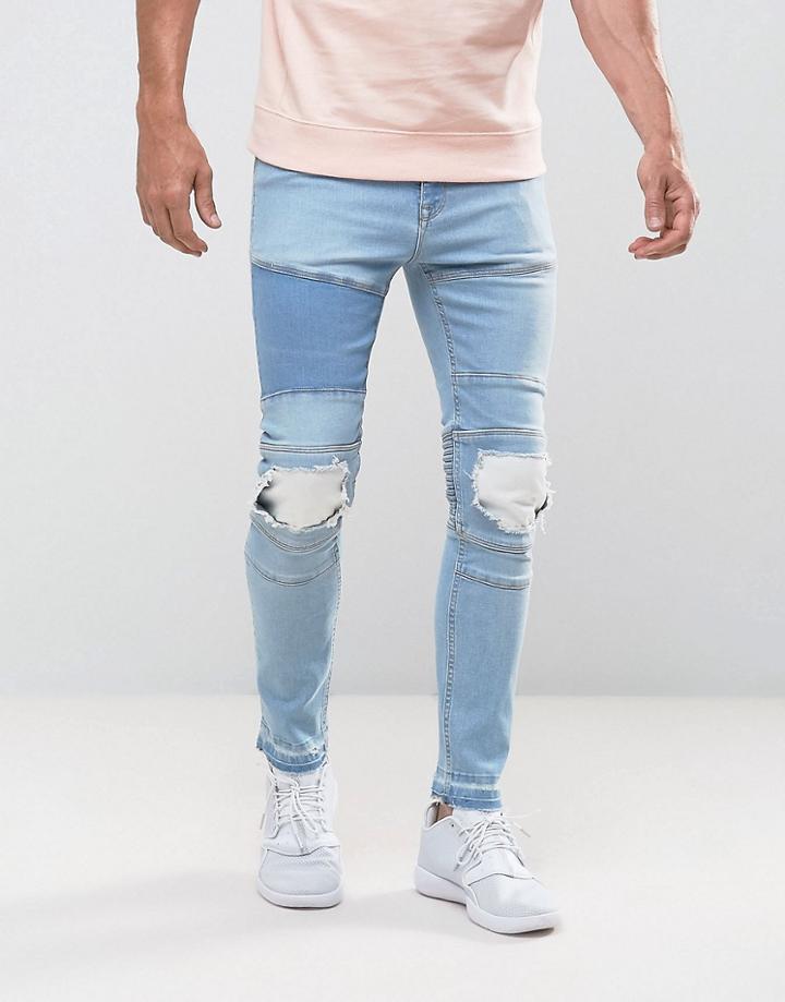Asos Super Skinny Jeans In Light Wash Blue Biker With Rip And Repair Detail - Blue