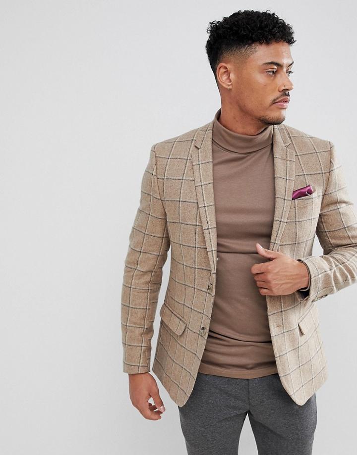 River Island Blazer In Ecru Check - Cream