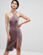 Forever Unique Velvet High Neck Assymetric Dress - Pink