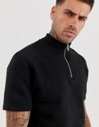 Asos Design Short Sleeve Sweatshirt With Half Zip In Black - Black