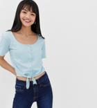 Brave Soul Petite Tie Front Crop T Shirt With Button Front-blue