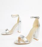 Glamorous Wide Fit Silver Barely There Block Heeled Sandals