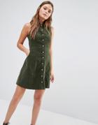 Qed London Sleeveless Corduroy Shirt Dress - Green