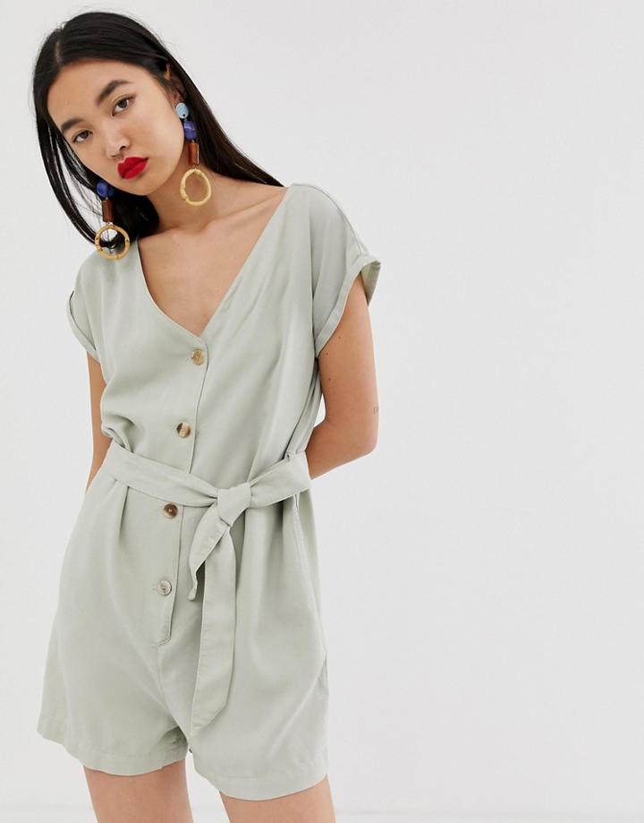 Mango Button Front Tie Waist Romper In Green - Green