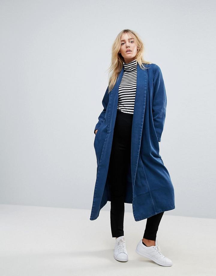 Waven Anja Flap Collar Long Duster Coat - Navy