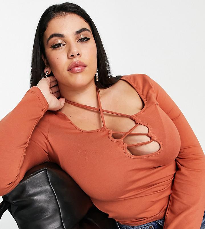 Asos Design Curve Long Sleeve Top With Lace Tie-front In Deep Rust-brown