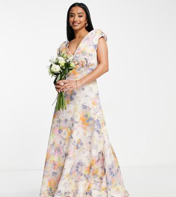 Liquorish Petite Bridesmaid Plunge Front Maxi Dress In Soft Ditsy Floral-multi