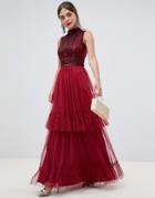 Frock & Frill High Neck Maxi Dress With Embellished Detail - Red