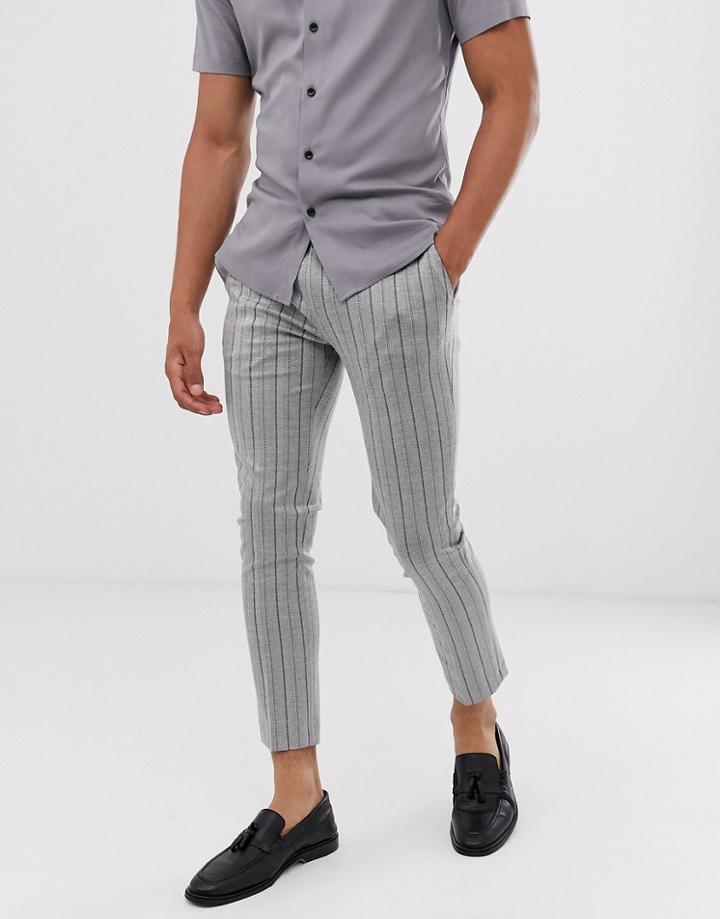 River Island Skinny Fit Pants In Light Gray Herringbone