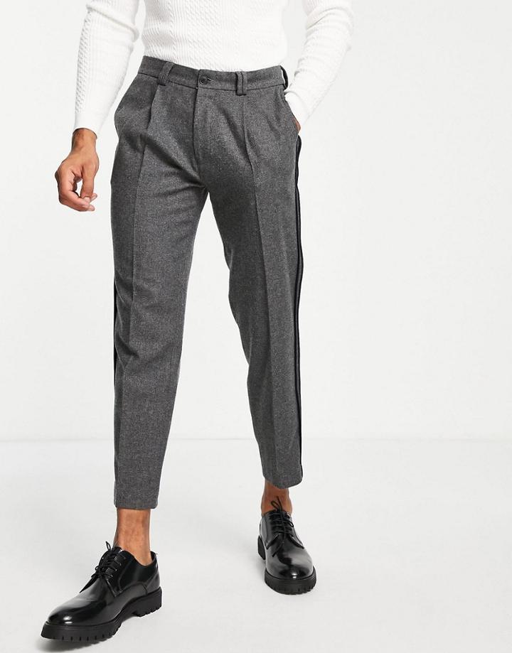 Topman Tapered Cropped Side Seam Warm Handle Pants With Pleat In Gray-grey