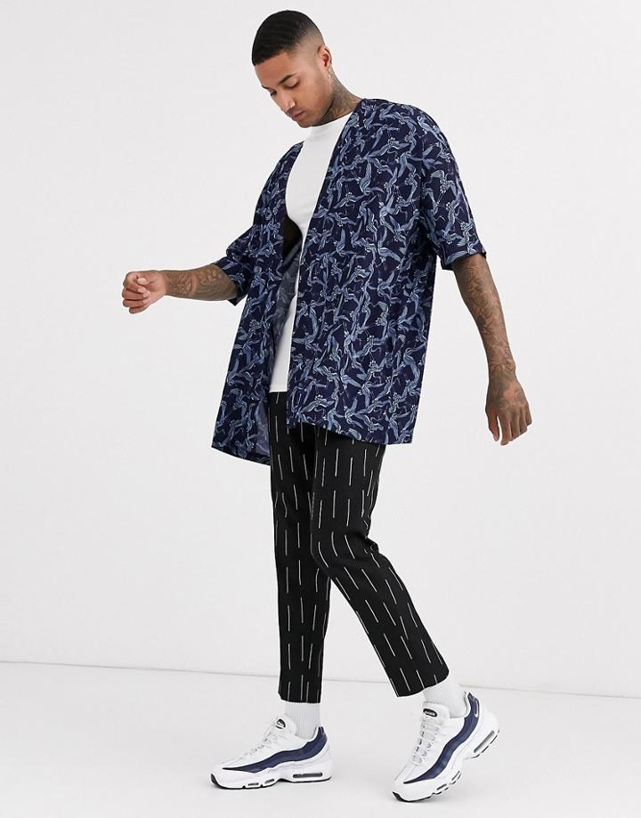 Asos Design Regular Fit Kimono In Navy Stork Print