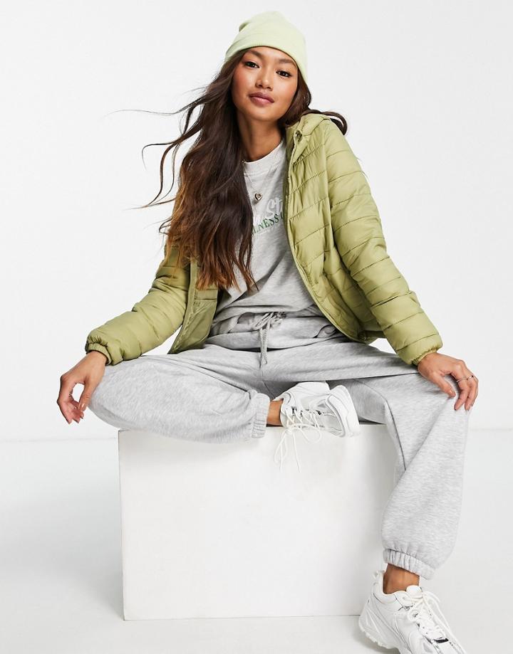 Pull & Bear Padded Zip Front Hooded Jacket In Khaki-green