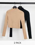 Bershka 2-pack Lettuce Edge Long Sleeve T-shirts In Black And Beige-multi