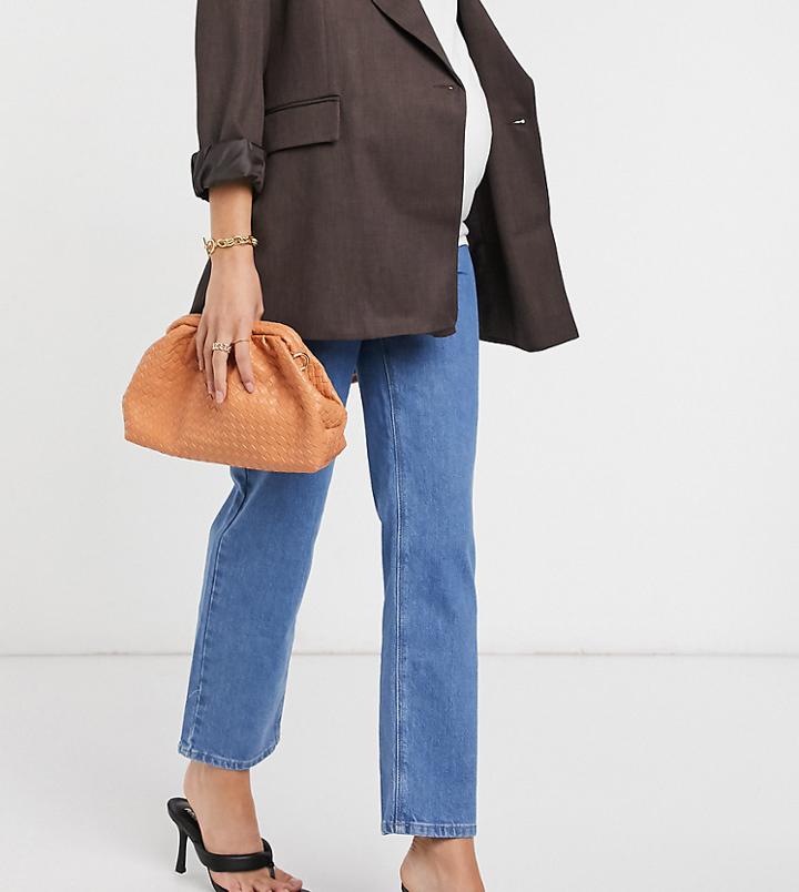 Asos Design Maternity High Rise Stretch 'slim' Straight Leg Jeans In Brightwash With Elasticated Side Waistband-blue