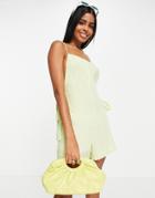 Asos Design Double Cloth Tie Back Romper In Lime-green