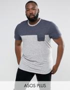 Asos Plus Longline T-shirt With Contrast Inject Yoke And Pocket And Curve Hem - Gray