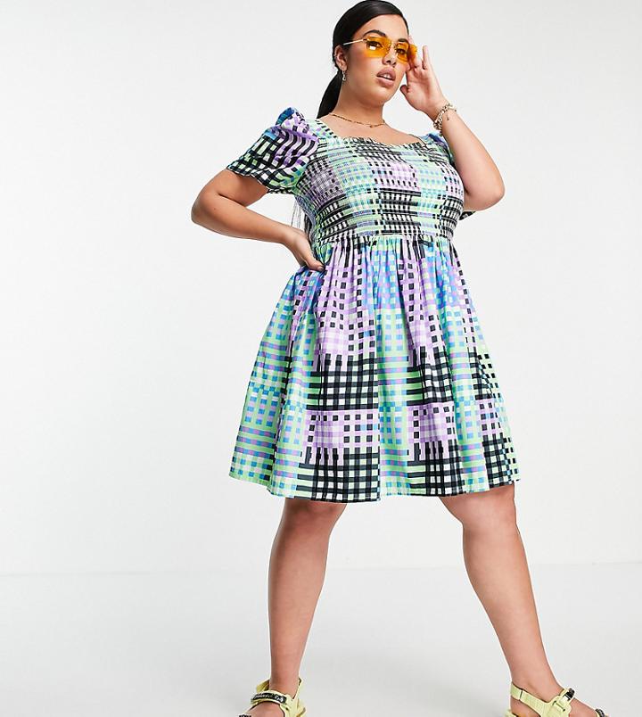 Collusion Plus Exclusive Shirred Mini Smock Dress In Multi Check Print
