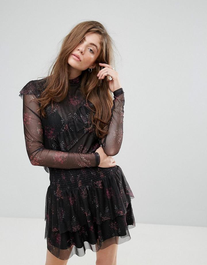 Gestuz Mesha High Neck Frill Sheer Blouse - Black