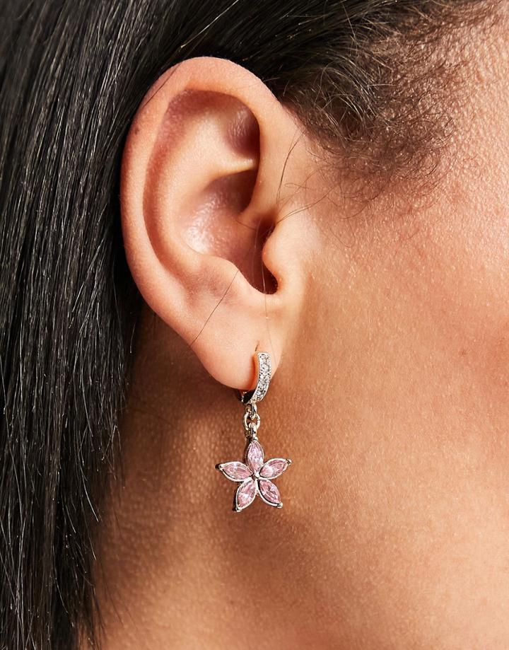 Monki Jamiee Flower Drop Hoop Earrings In Gold