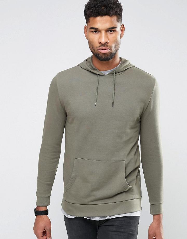 Asos Longline Hoodie With Side Zips In Khaki - Green