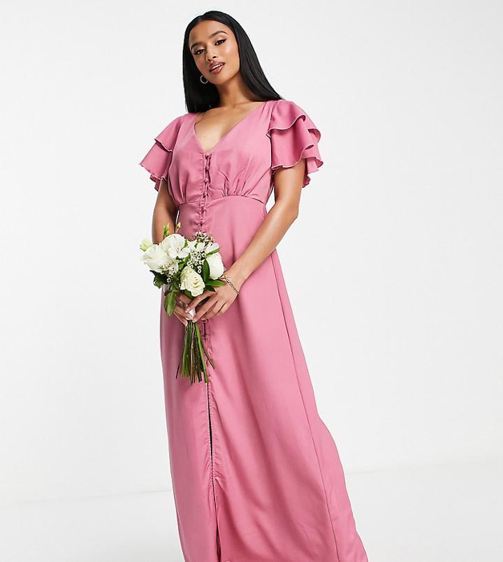 Little Mistress Petite Bridesmaid Satin Maxi Dress With Flutter Sleeves In Dark Pink