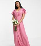 Little Mistress Petite Bridesmaid Satin Maxi Dress With Flutter Sleeves In Dark Pink