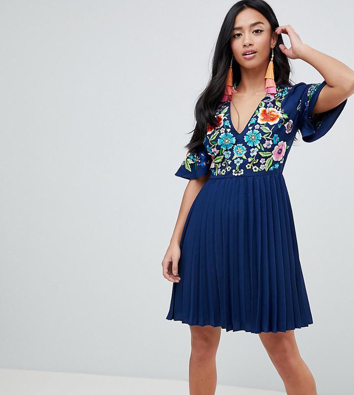 Asos Design Petite Pleated Embroidered Mini Dress - Navy