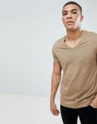 Asos Design T-shirt With V Neck In Beige - Beige