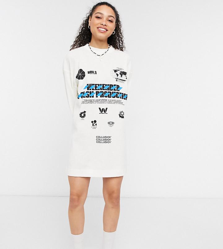 Collusion White Back Print Waffle Long Sleeve T-shirt Dress