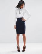 Asos Belted Pencil Skirt With Seam Detail - Navy