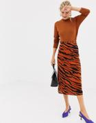 Stradivarius Tiger Print Orange Midi Skirt - Multi