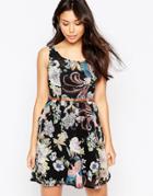 Yumi Belted Floral & Bird Print Dress - Black