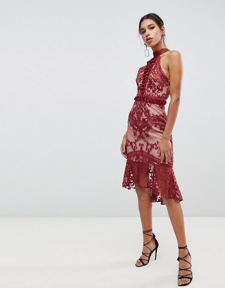 True Decadence High Neck Peplum Hem Lace Pencil Dress In Berry - Red