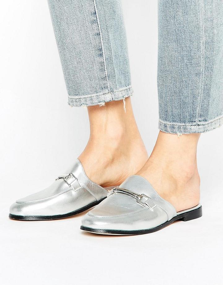 Mango Metallic Buckle Detail Flat Mule - Silver