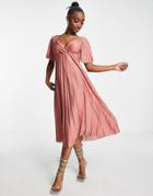 Asos Design Pleated Twist Back Cap Sleeve Midi Dress In Dark Rose-black